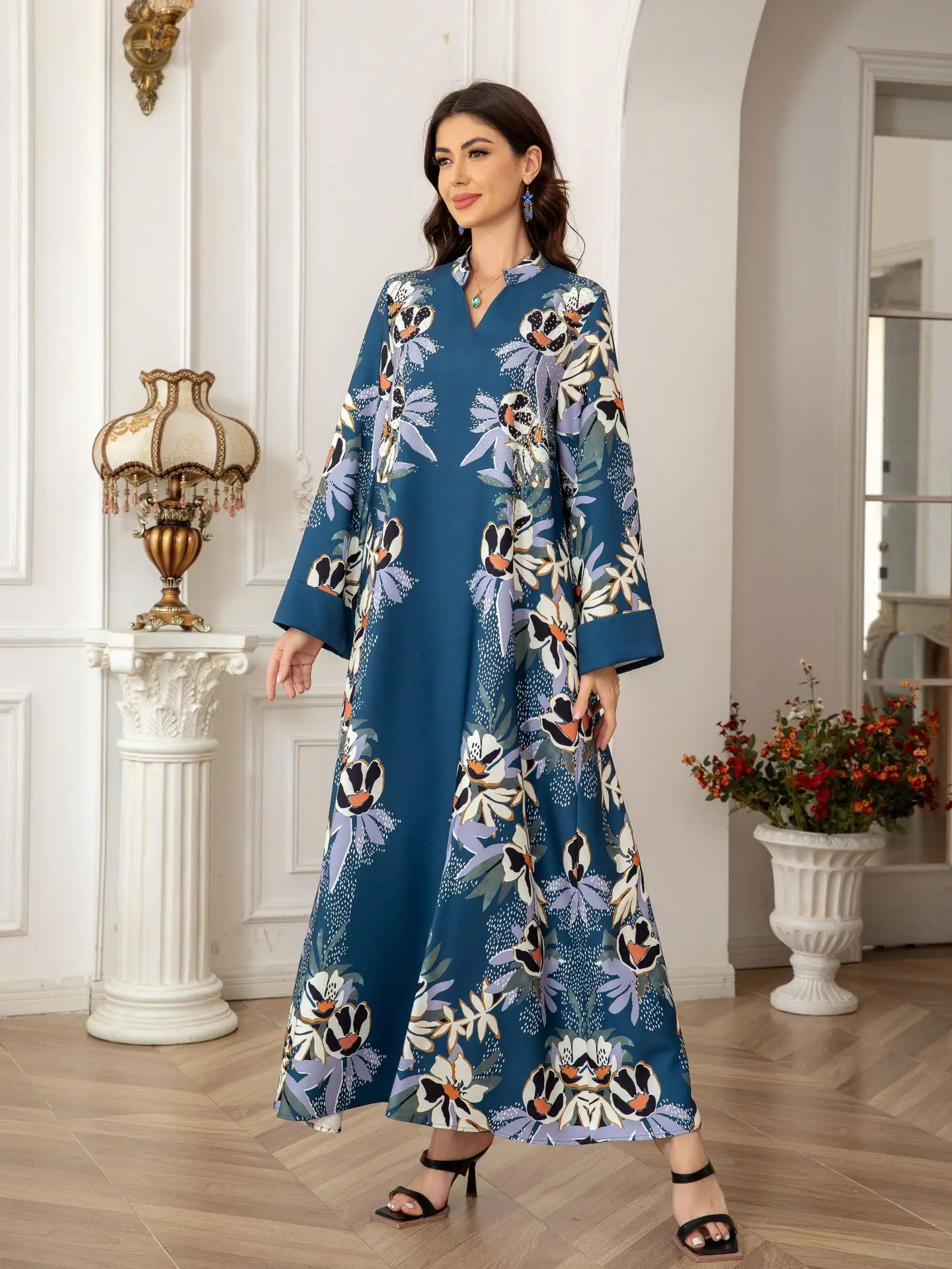 Robe longo feminino muçulmano com temperamento elegante impresso saia longa com incrustação de diamante abaya dubai 2025 primavera novas roupas