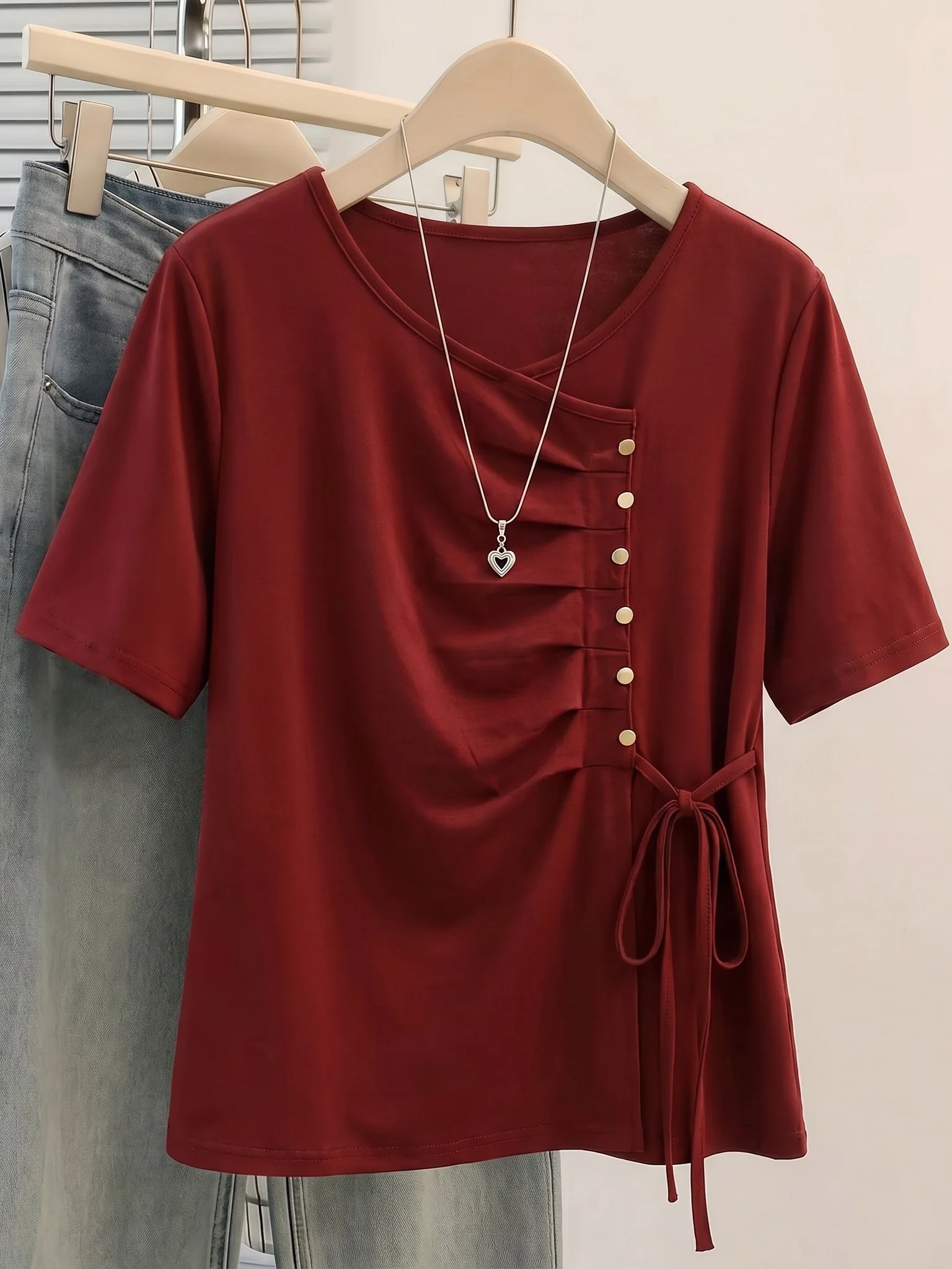Red Short Sleeve T-Shirt Women's Summer New Big Size Fashion Top Waist Cinching Belted Korean Style plus Size Commute Wind
