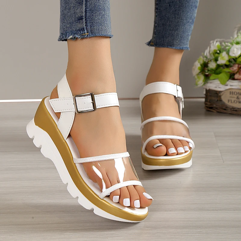 Summer Thick-soled Non-slip Vinyl Wedge Sandals for Women Roman Sandals Women Light Ankle Straps Thick-soled Sandals