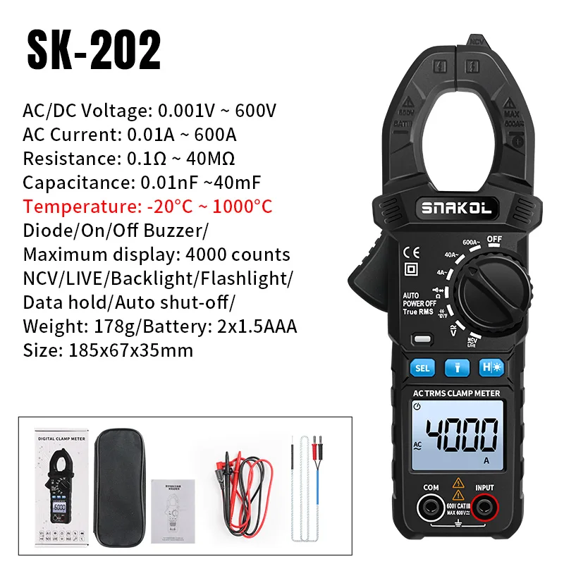 SNAKOL SK-203 Intelligentes Zangenmessgerät 600A AC/DC Strom/RMS 35mm Großer Durchmesser Zangenkopf Hintergrundbeleuchtung + Taschenlampe Doppelte Beleuchtung – Detail 24