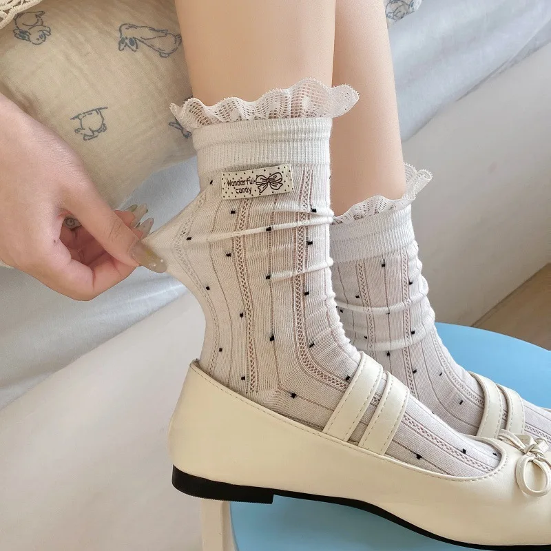 Cloth Label Socks Women Sweet Girl Cute Bow JK Lolita Kawaii Lace Ruffle Socks Japanese Polka Dot Cotton Medium Tube Socks Gifts