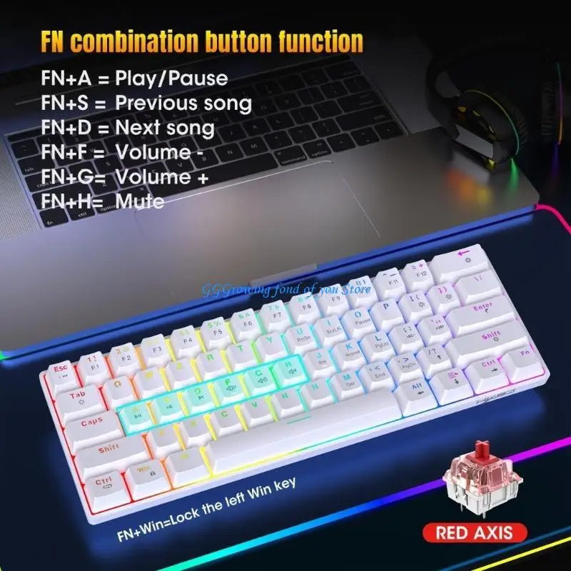 

H9EB V900 61Key Mechanical Keyboard Color Backlit Hot Swappable Switches Two-Color