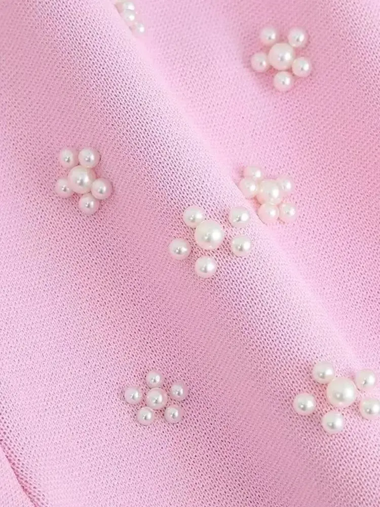 فستان نسائي قصير محبوك مزين باللؤلؤ الحلو موضة كورية للحفلات المسائية Y2K رقبة مربعة بدون أكمام فستان نسائي قصير