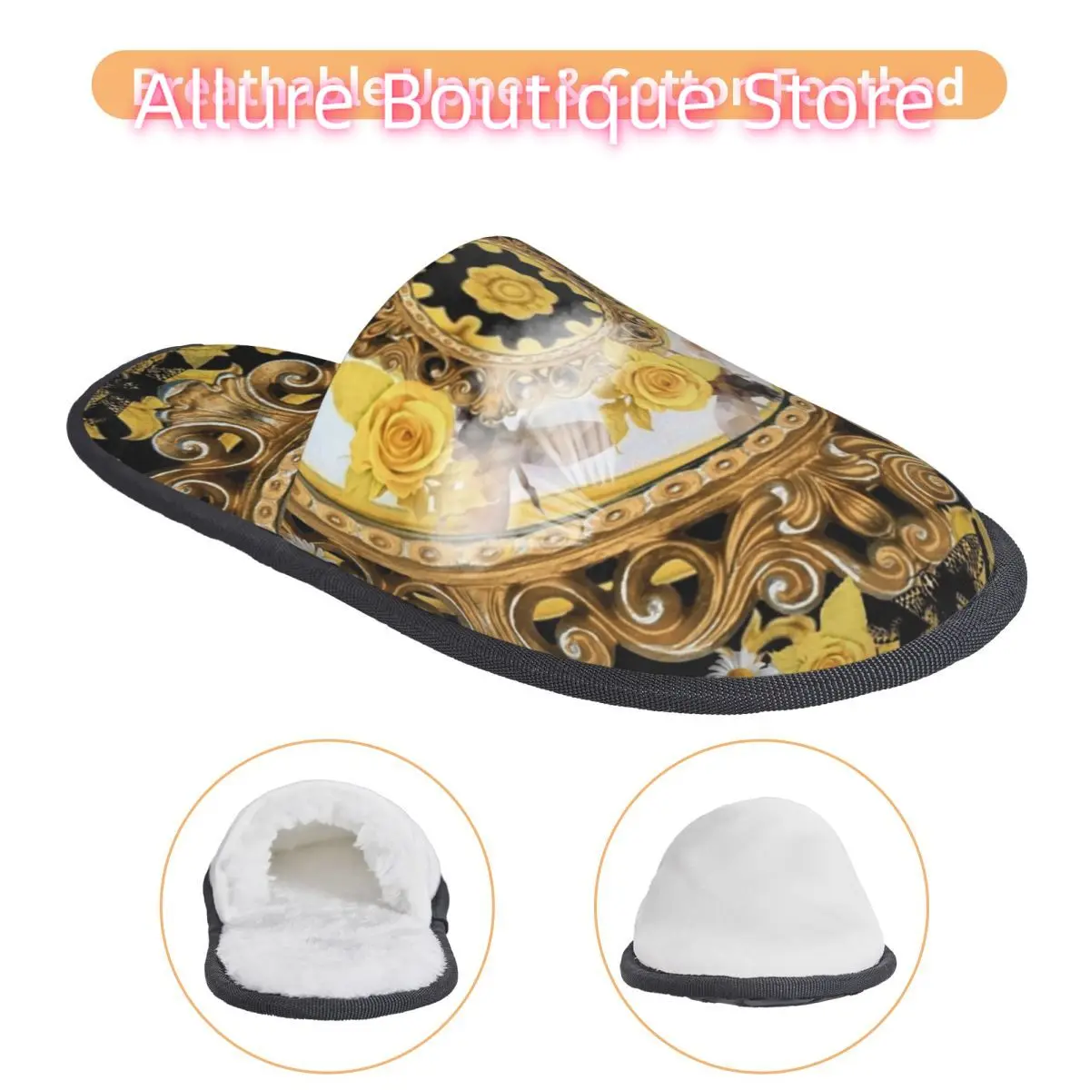 مخصص الوردة الصفراء والنحل خمر Kitsch الباروك الأوشحة مريح جرجر رغوة الذاكرة النعال النساء سبا أحذية منزلية