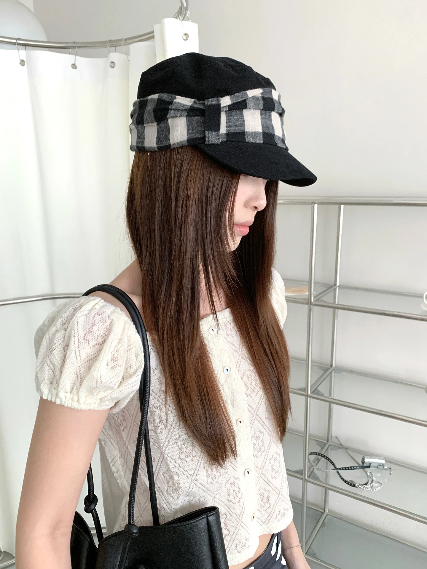 Japanese Style Plaid Pleated Flat-Top Equestrian Hat Women's Vintage Sun Visor Duck Cap Slimming Face Octagonal Hat Baseball Cap