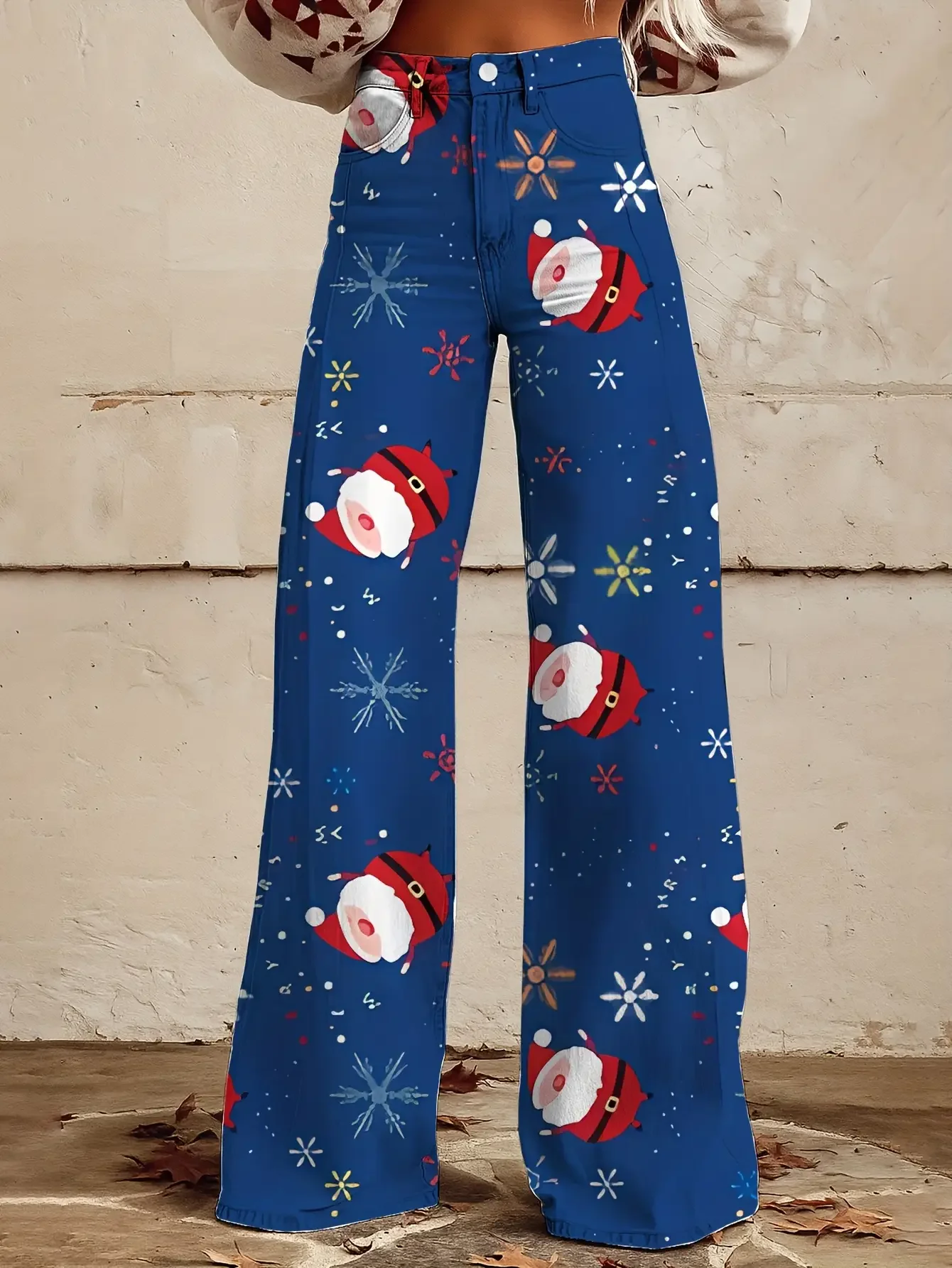 

2026Ladies' imitation denim pants with Christmas snowflake pattern autumn and blue background Santa Claus snowflake pattern