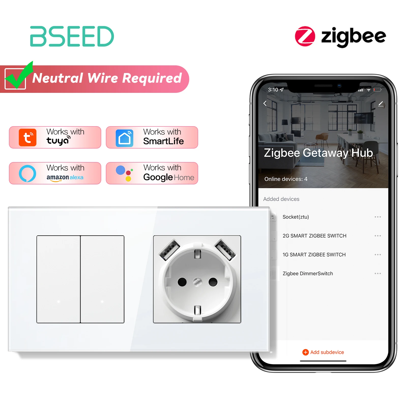 BSEED Zigbee Lichtschakelaar 1/2/3Gang 2Way Smart Click Knopschakelaar Glazen Paneel Witte LED Indicator Tuya Smart Leven Alexa Controle