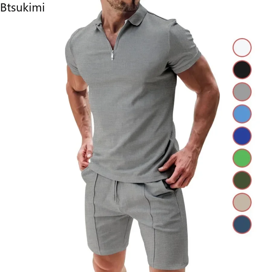 Summer New Men's Minimalistic Casual Sets Fashion Solid Half Zip Tops and Shorts 2 PCS Sets Men Tracksuit Breathable Sport Suits