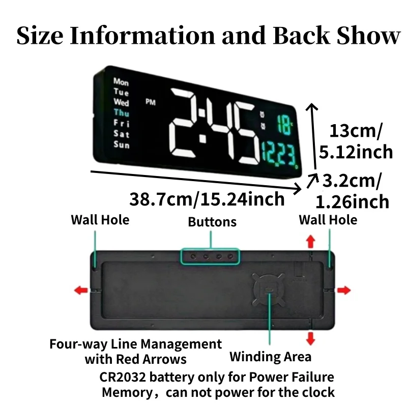 15.24 Inch Large Digital Wall Clock with Remote Date and Temperature Auto Dimming Timing 12/24H LED Alarm Clock for Yoga Gym