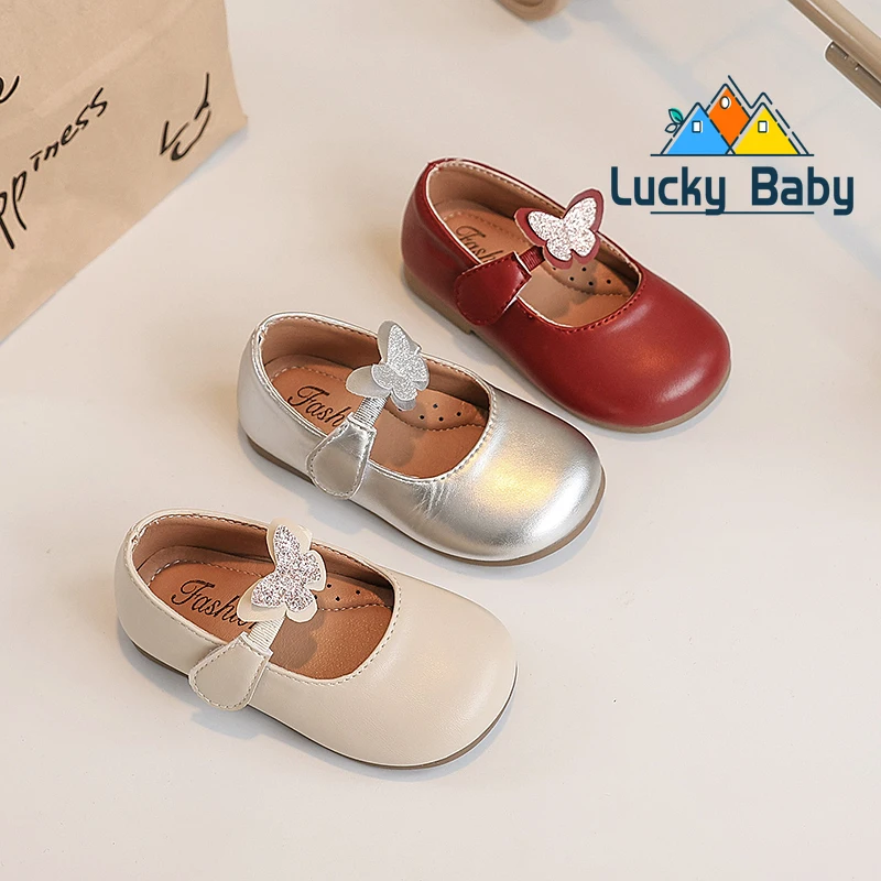 

Butterfly Bling Children Flats Shoes Spring Autumn Solid PU Girls Princess Shoes Hook Loop Soft Toddler Kids Mary Janes