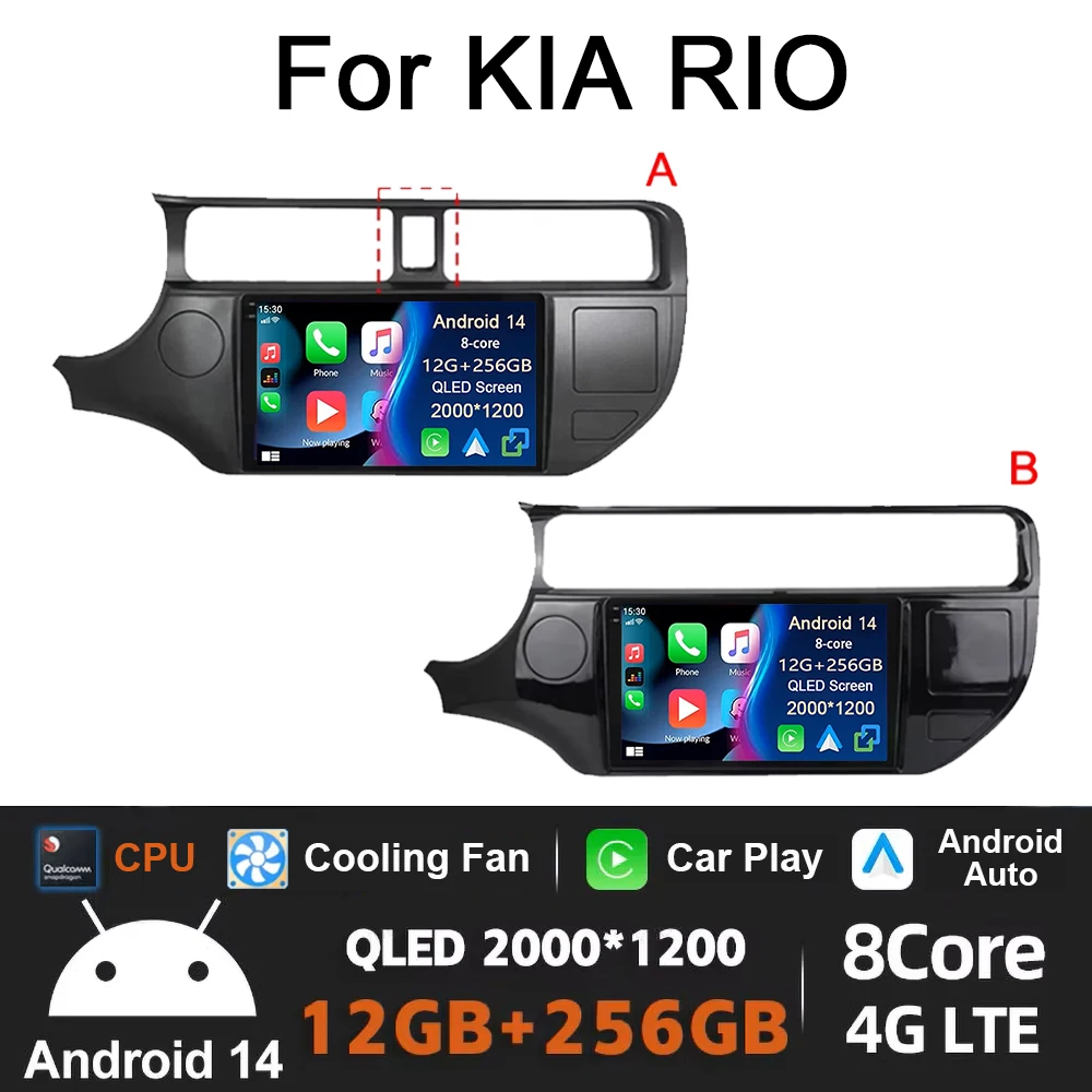 

12G+256 GAndroid 14 Carplay Auto For Kia RIO4 K3 2012 2013 - 2017 Car Radio Multimedia Video Player Navigation GPS No 2Din 2 Din