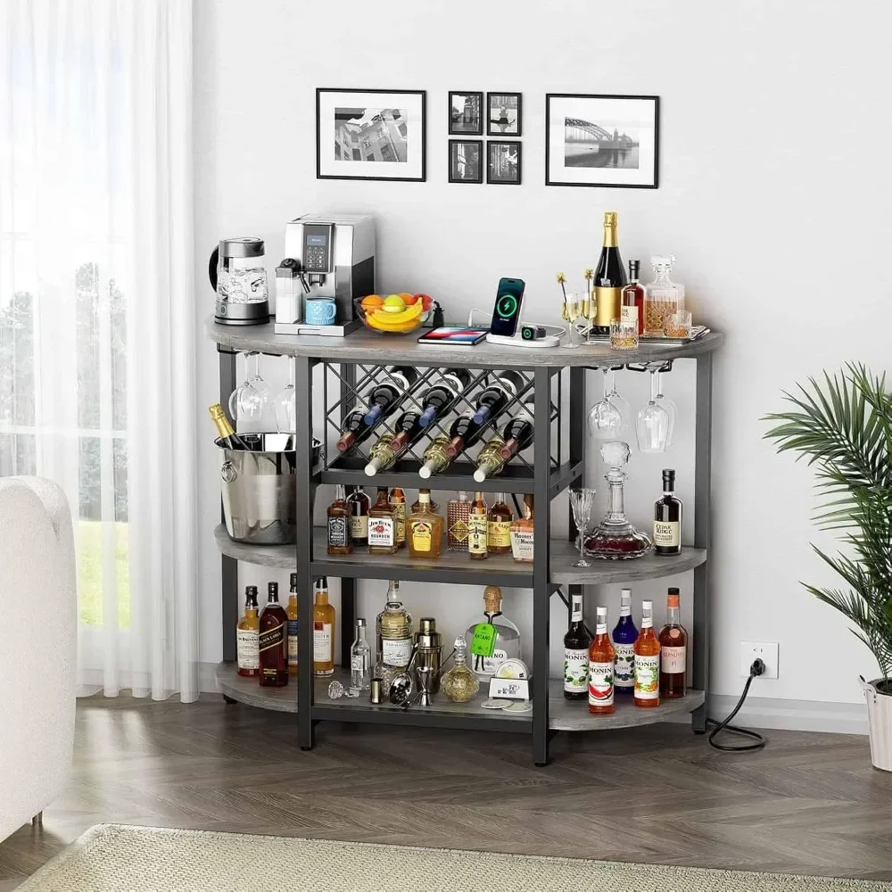 

Bar Table Cabinet with Power Outlet, LED Home Mini Bar Cabinet for Liquor, Metal Wine Bar Stand with 4-Tier Storage