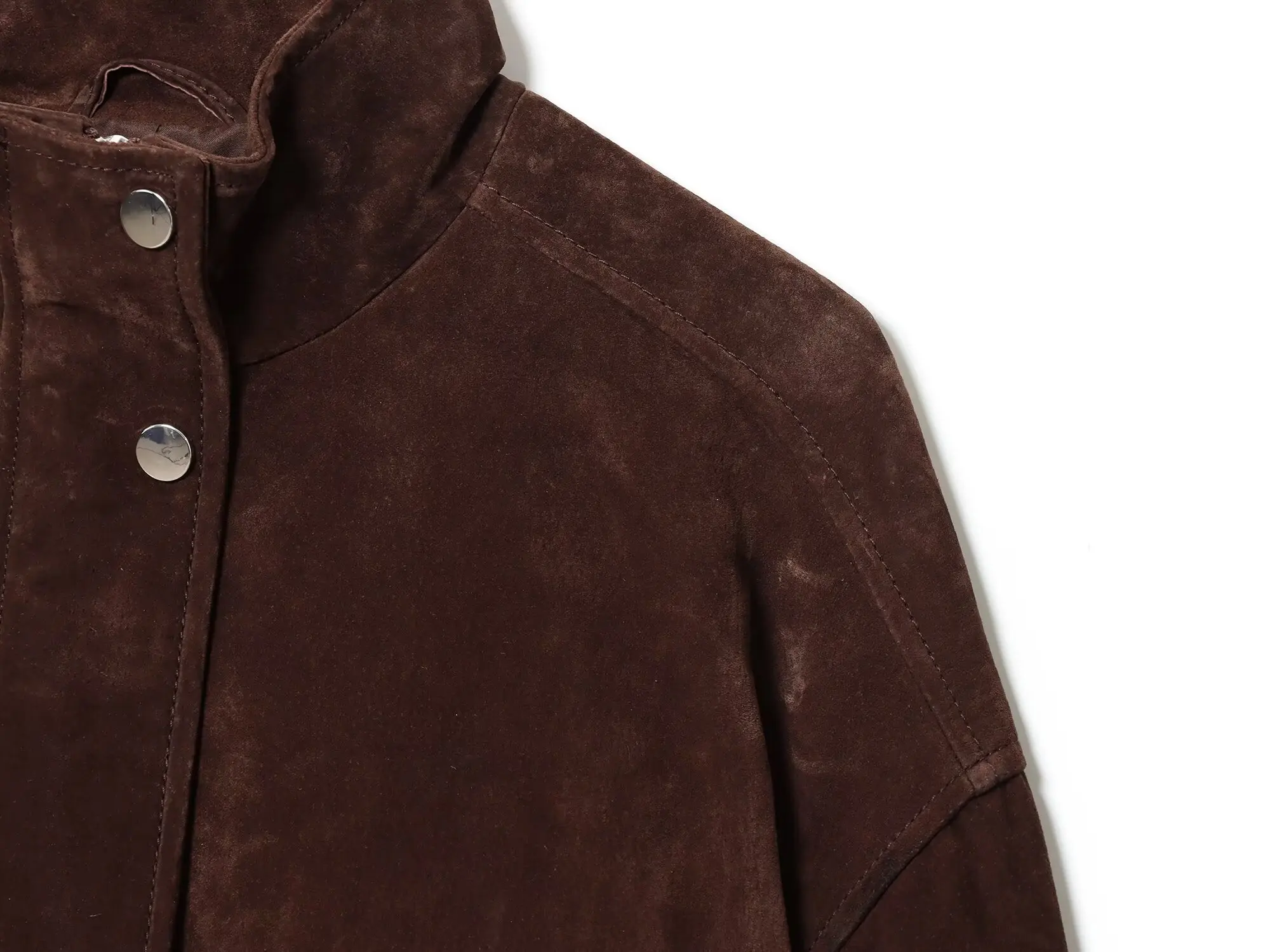 Damen Wildlederjacke mit Taschen Herbst Winter Hochkragen Langarm Knopfjacke Damenmäntel Lässige Schicke Oberteile – Detail 4
