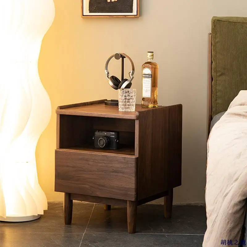 Stolik nocny z czarnego orzecha amerykańskiego, meble do sypialni z litego drewna, nowoczesny, prosty, mały stolik nocny z szufladą.