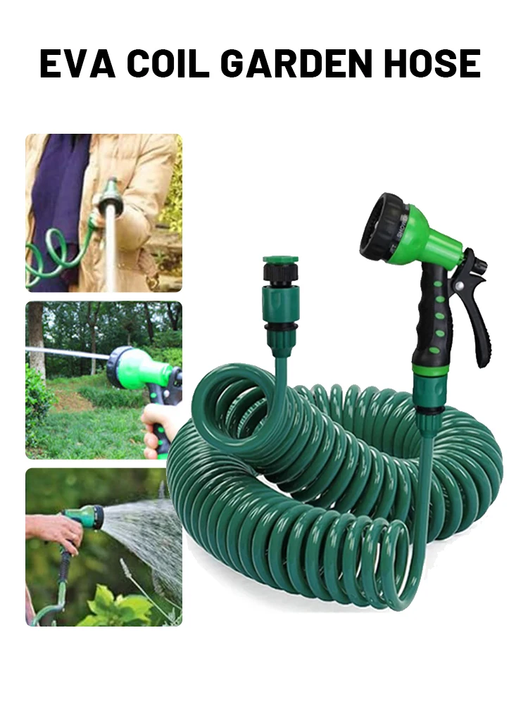

50 feet/30m Garden EVA Coil Hose Explosion-Proof 3/4-inch Connector Stretch Water Pipe 7 Function Sprayer High Pressure Hose
