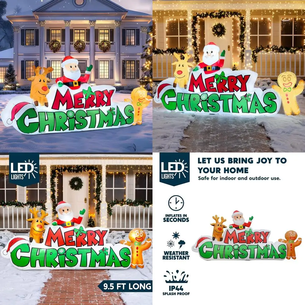 

Светодиодная подсветка 9,5 футов Рождественский надувной знак с Санта-Клаусом, оленями и пряничным человечком для уличного зимнего декора двора и сада