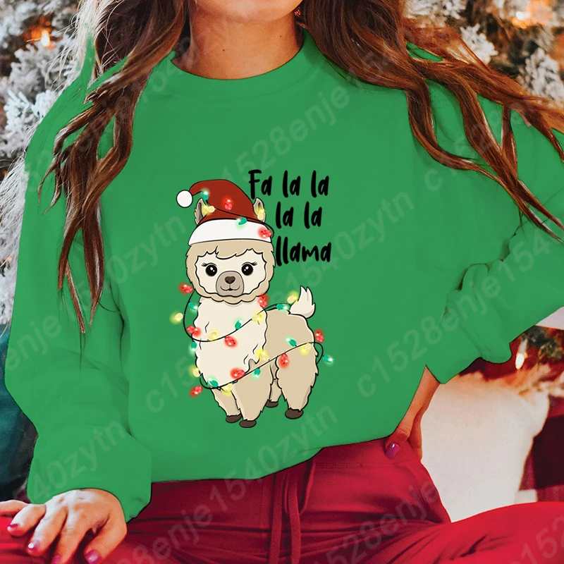 Christmas Light Alpaca Fa La Print O Neck Sweatshirts Women Autumn And Winter Tops Casual Hoodeless Solid Color Ladies Pullovers