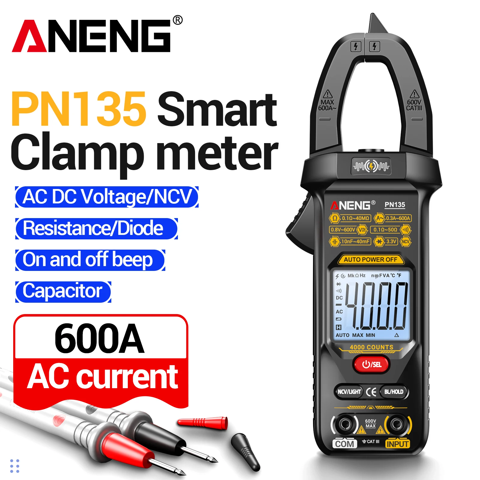 Pinza Amperimétrica Inteligente ANENG PN135 con 4000 Lecturas, Medición de Voltaje/Corriente AC/DC, Resistencia/Condensador, NCV, Herramienta de Mantenimiento Eléctrico