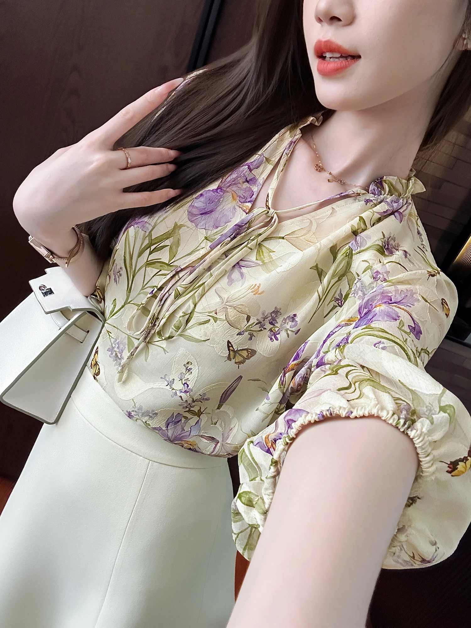 

You See Unique Purple Flower Embellied Gentle Filter Crt Fine Embroidery Belted Top Women's Soft Sle Loose Fit irt