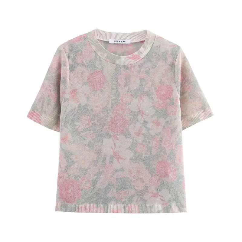 Spring 2025 Women's Faion round Ne ort Sve Knitted Top Floral Print Versatile New Arrival Commute Sle Polyester Blend