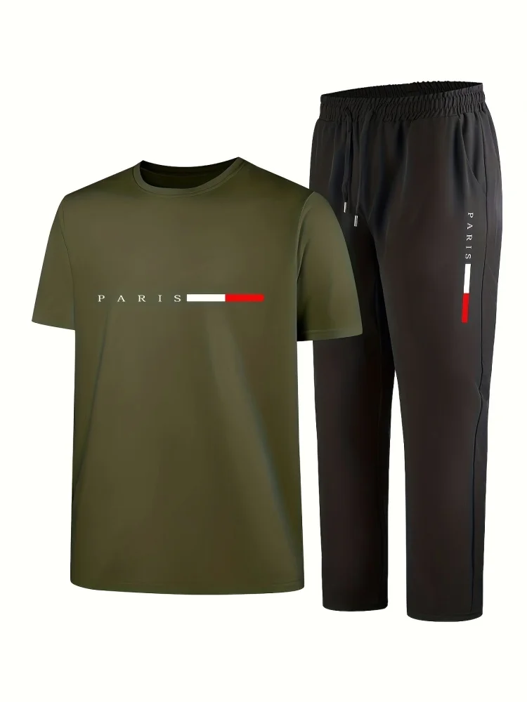 

2026 Men's Relaxed-Fit Short-Sleeve Set Summer Sports T-Shirt and Drawstring Pants Two-Piece Set Breathable Men's T-Shirt