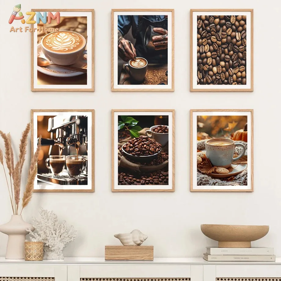 AZNM Coffee Latte Art Beans Canvas Wall Art, Espresso Machine Print, Frameless Modern Coffee Shop Kitchen Canvas Painting for Li
