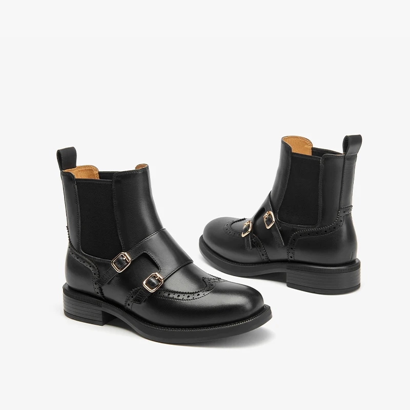 BEAUTODAY Chelsea Boots Women Genuine Leather Elastic Band Full Brogue Monk Design Solid Color Retro Ladies Shoes Handmade 03737 image 3