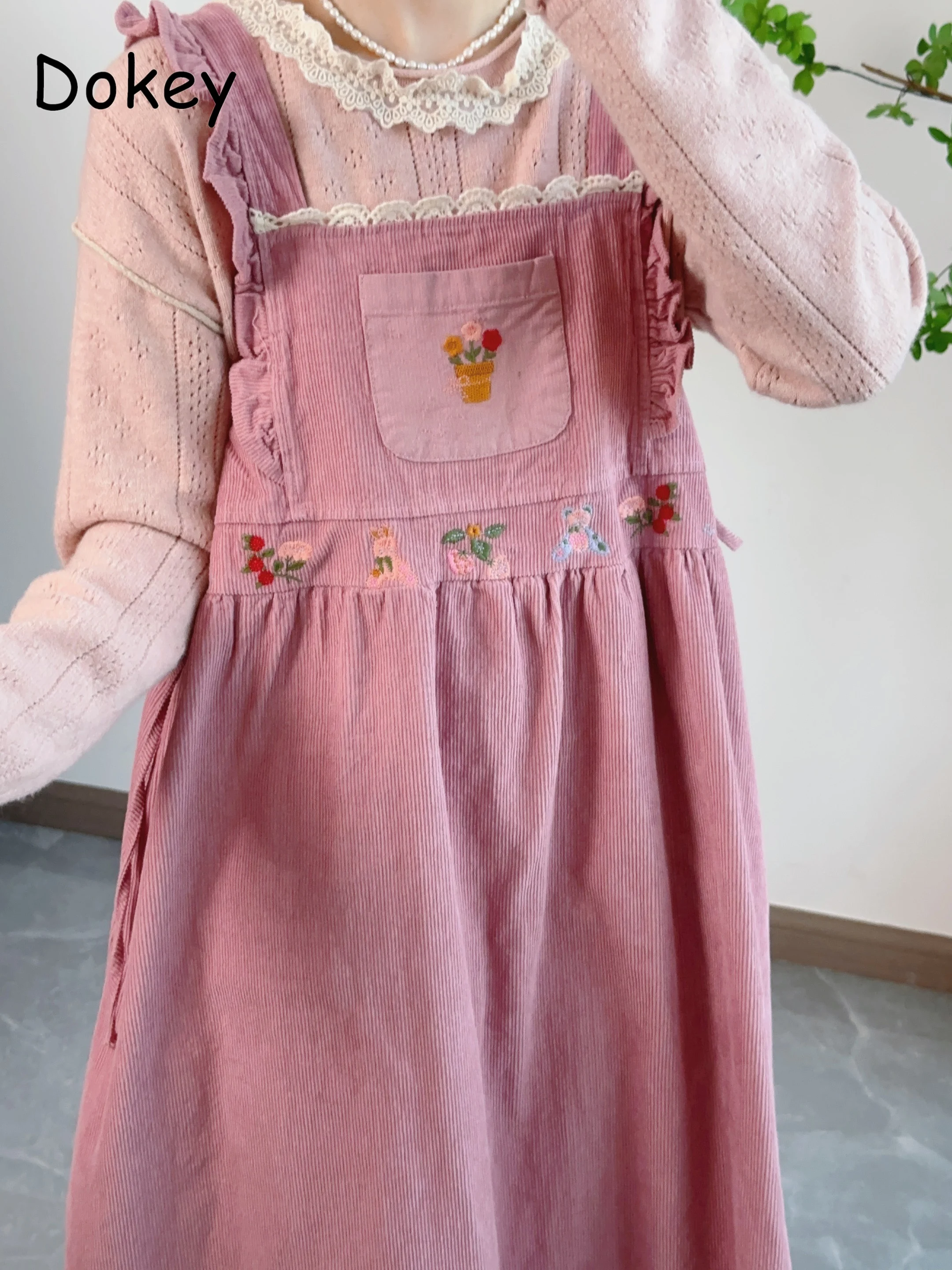 Women's Vintage Embroidery Corduroy Spaghetti Strap Dress, Japanese Mori Girl Ruffles Overalls, Casual Midi Dress, Autumn