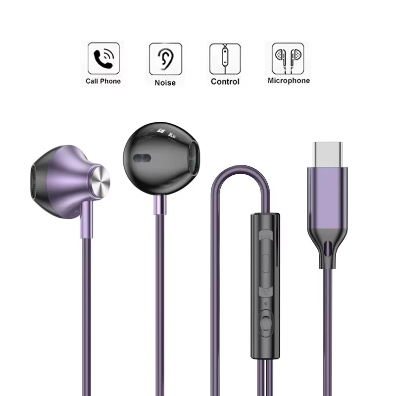 Fones de ouvido estéreo 9D Bass com entrada Tipo C e 3.5mm, controle de volume, microfone e fio, para iPhone, Xiaomi, Realme, Galaxy.