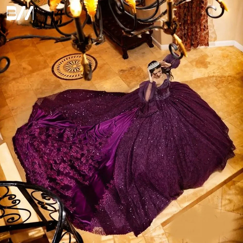 Luxury Purple Ball Gown Quinceanera Dresses Shiny 3D Flowers Customized Party Floor-length Birthday Gown Vestidos De Novia