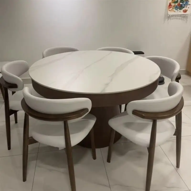 Slate rotating telescopic round dining table variable size round dining table walnut retro