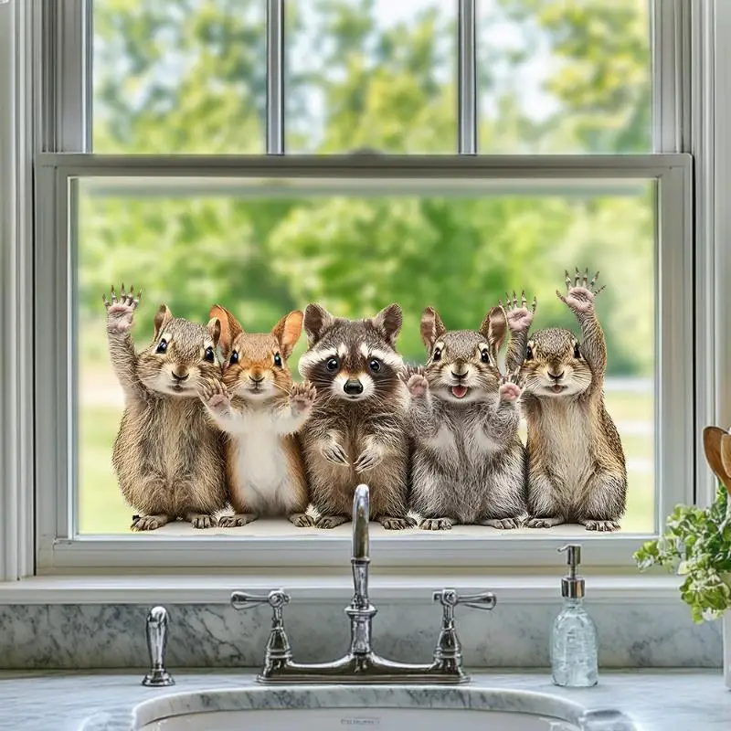 Cute Forest Animal Window Stickers Squirrel & Raccoon Waving Glass Art Decals For Home Living Room Bedroom