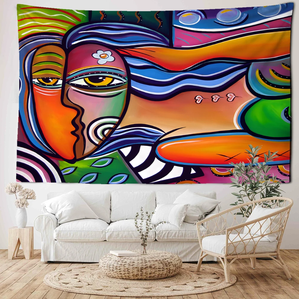 

Abstract Facial Oil Painting Tapestry Wall Hanging Abstract Art Bohemian Hippie Tapitz Living Room Home Decor Background cloth