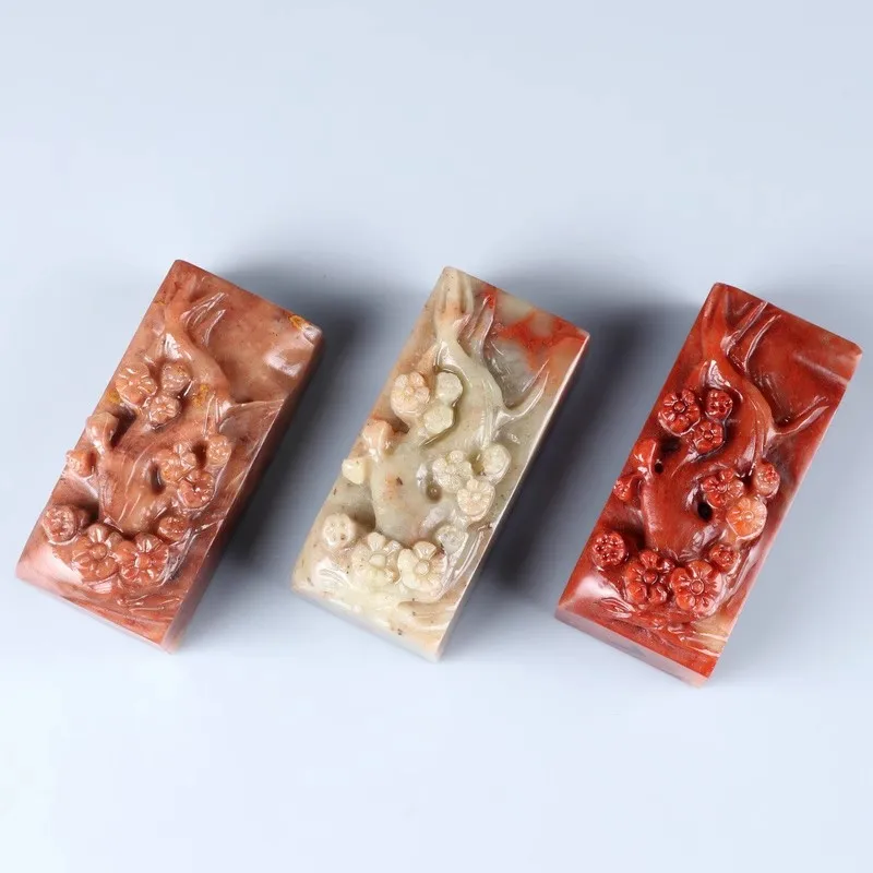 Uncarved Shoushan Stone Stamp Seal, Plum Blossom Flower Pattern, Sealing Seal for Painting Supplies, 3x2x 6.5cm