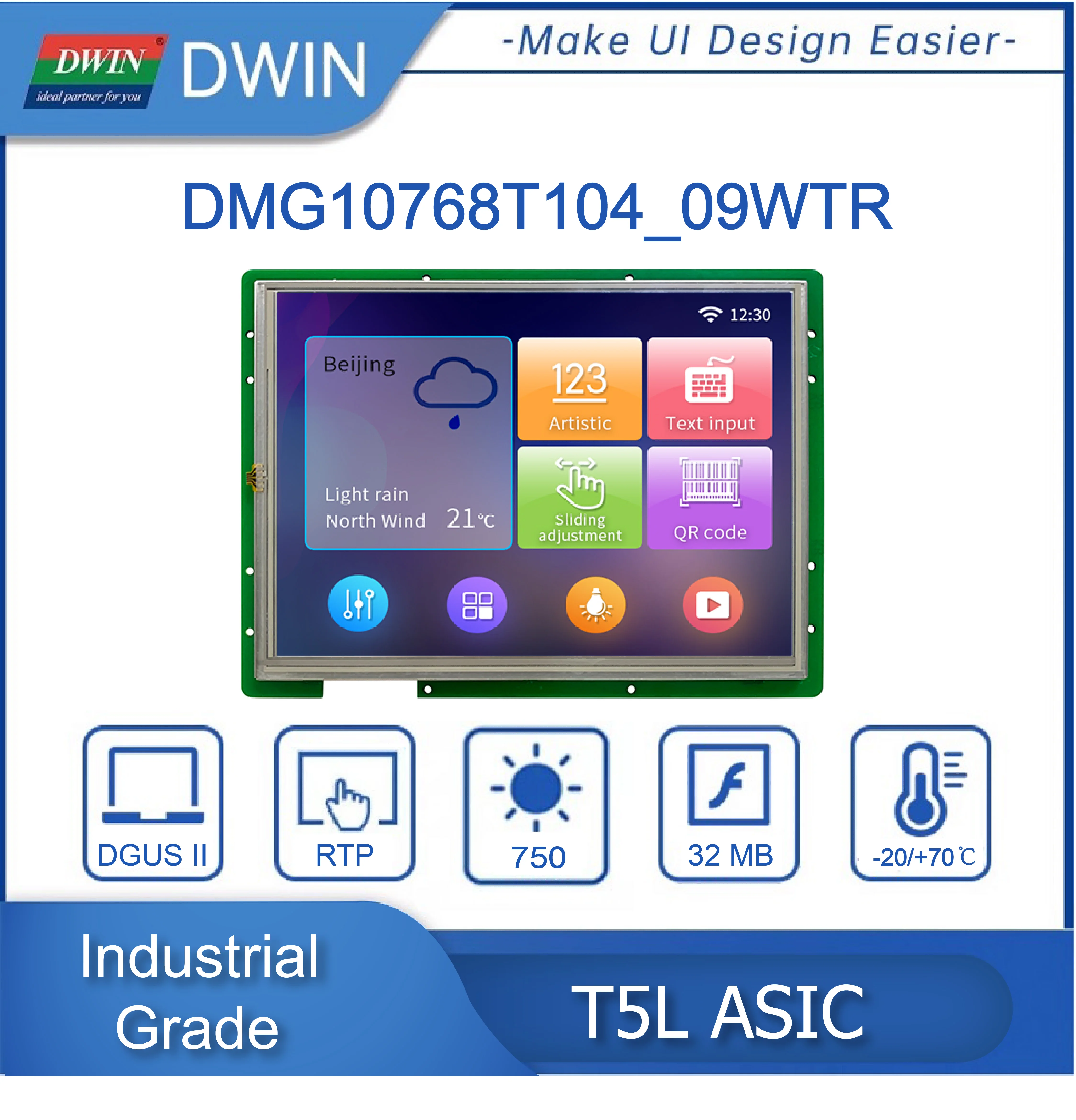 DWIN 10.4 inch 1024*768 Resolution High Brightness HMI IPS-TFT-LCD Industrial Anti-UV Module TTL/RS232 Arduino DMG10768T104_09W