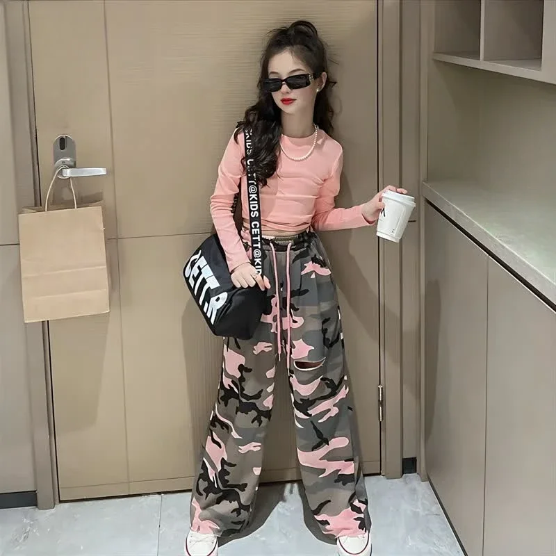 Girls Set Slim Tops Camouflage Pants Dance Two Piece Autumn Teen Kids Group Dance Performance Costume 12 13 14 Y Kids Sportswear