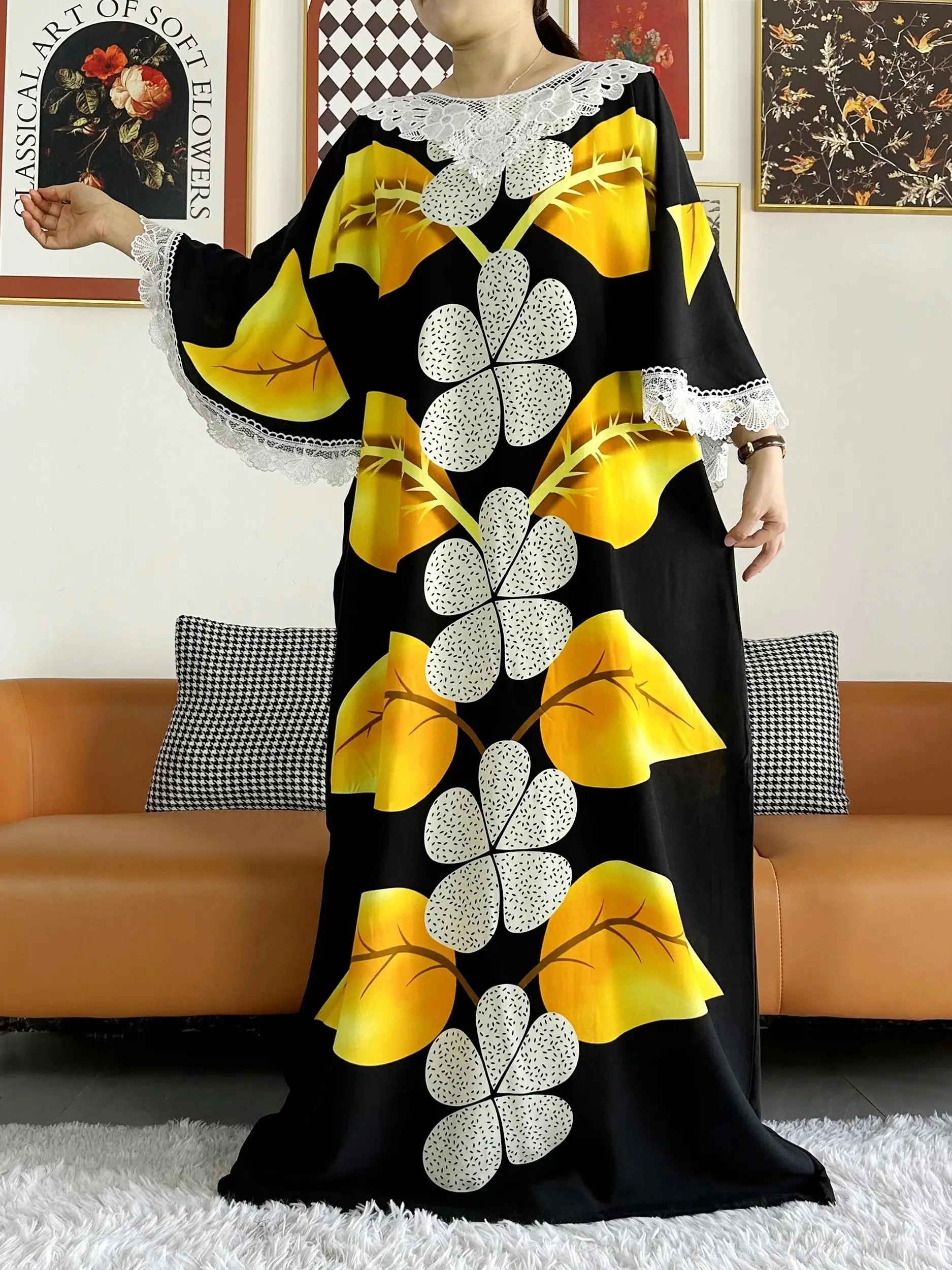 2024 New African Women Dashiki Dress Kaftan Abaya Summer Short Sleeve Dess Printed Floral Loose Women Casual Robe With Big Scarf