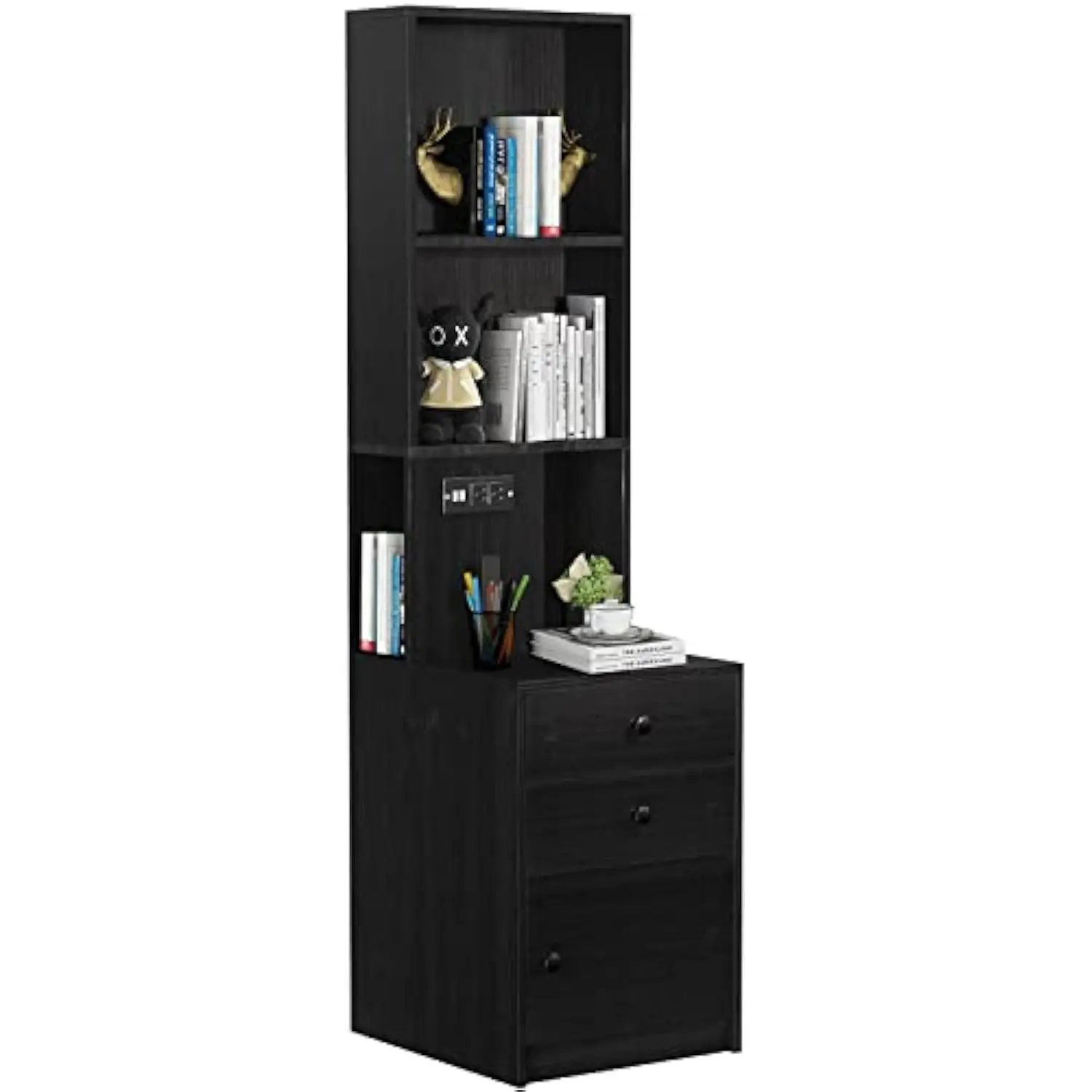 

Black Nightstand with Charging Station, Bed Side Table/Night Stand with Drawers, Bedside Table with Open Shelf Storage, Tall En