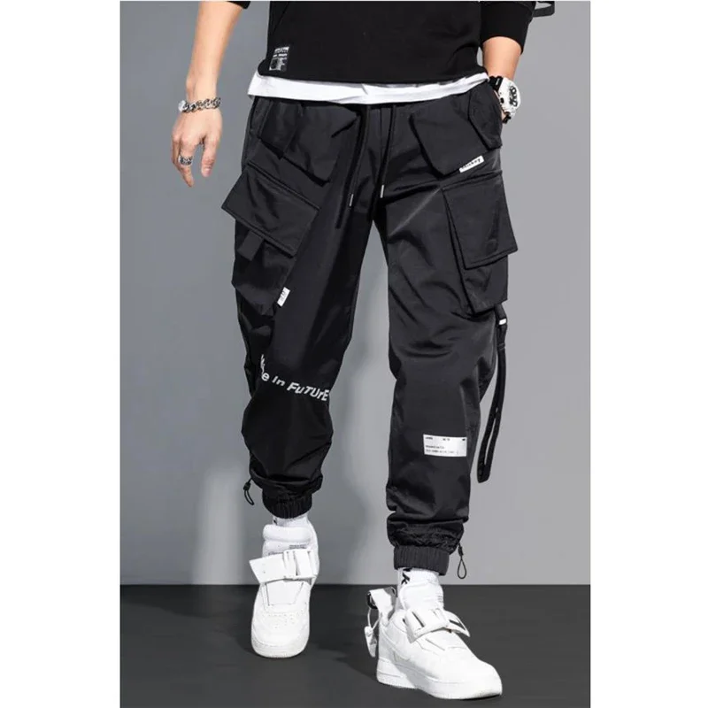 Thin Casual Pants Men Ribbons Harem Jogging Pants Male Slim Fit Spring Cargo Pants Multi-Pockets Trouser