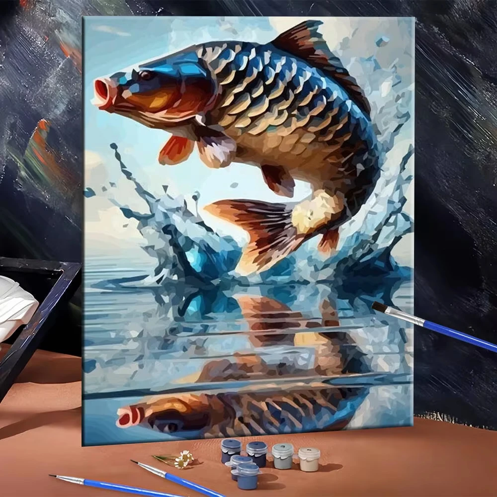 Diamond Painting nach Zahlen DIY Fisch springt Glückliche digitale Diamantkunst Wanddekoration für Spielzimmer oder Wohnzimmer