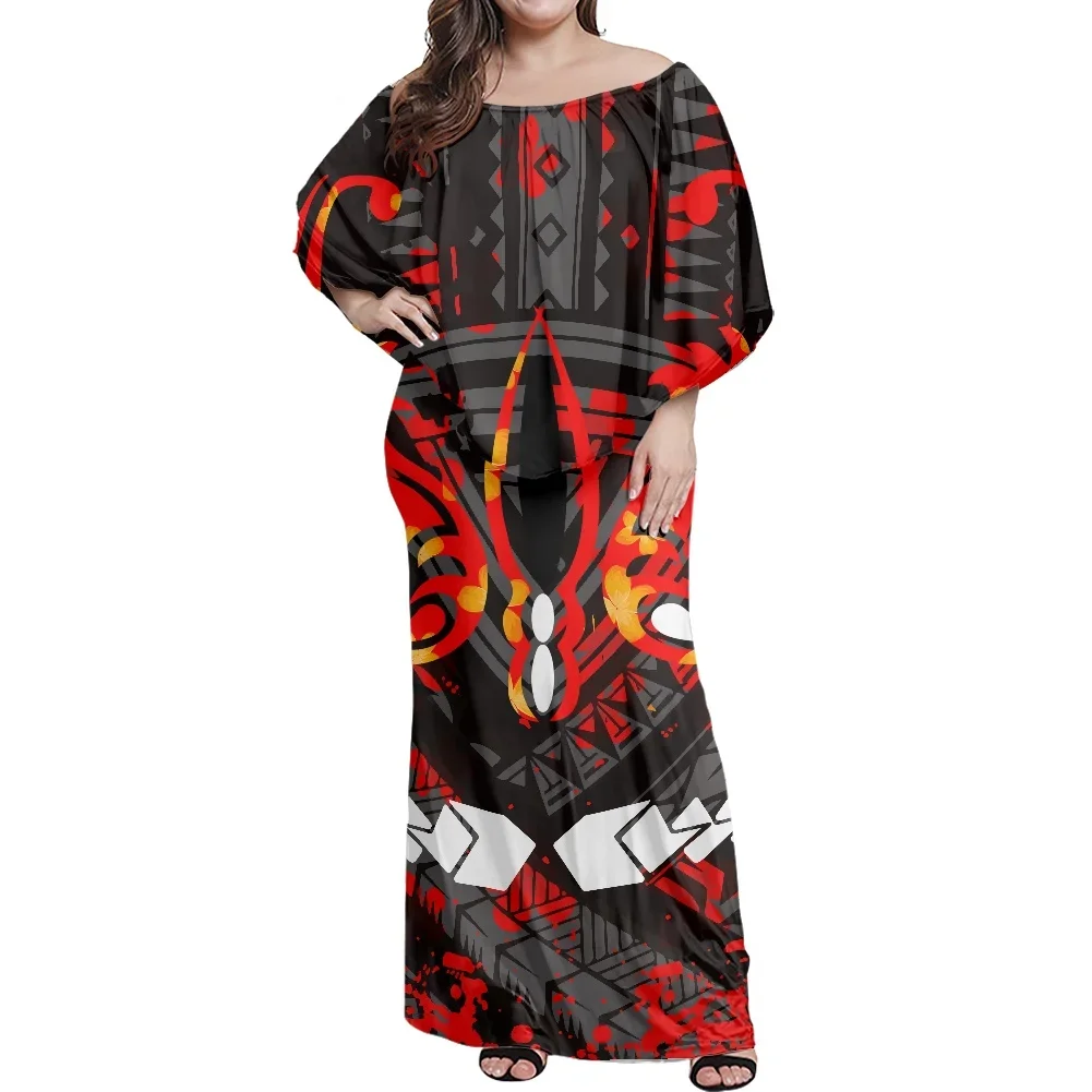 Polynesian Tribal Fall Off Shoulder Bodycon Maxi Dress with Shawl, Tribal Tongan Tattoo Women's Frill White Holiday Clothing