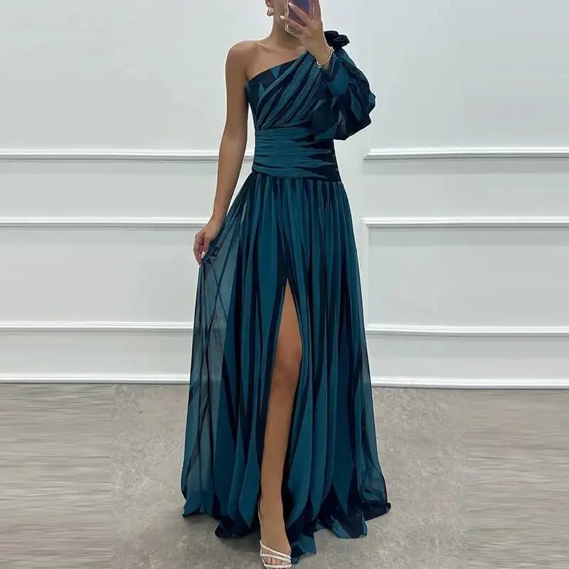

Sexy Elegant Diagonal Collar Off Shoulder Split-Side Party Evening Dress Spring Printed Striped Bohemian Long Dress Off Women's