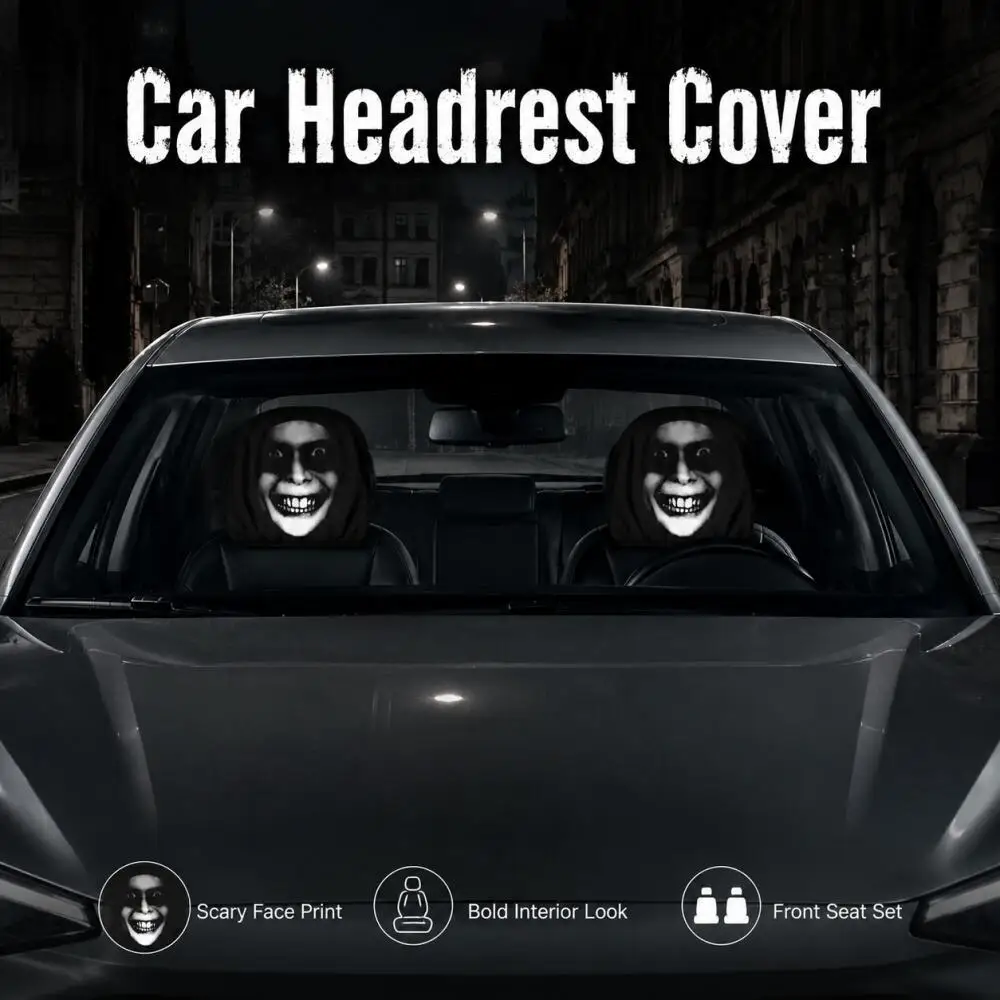 2PCS Scary Smile Face Car Headrest Covers Horror Grinning Print Black Auto Headrest Protector Universal Halloween Decor