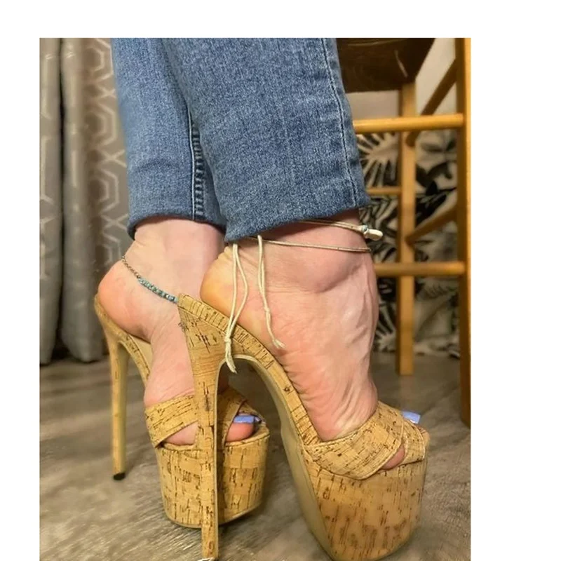 

Solid Wood Pattern Slip On Platform Sandals Thin High Heel Fashion Sexy Cool Summer Big Size 2025 Woman Shoes Zapatillas Mujer