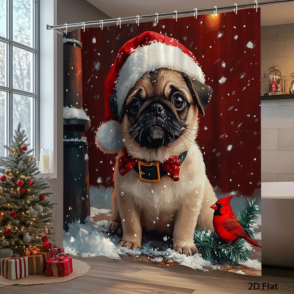 2D Flat, 1pc 2D Flat Christmas Dog Puppy Bath Curtain Bathroom Decor Bath Divider Hanging Shower Curtain 70.8x70.8 Inch with 12