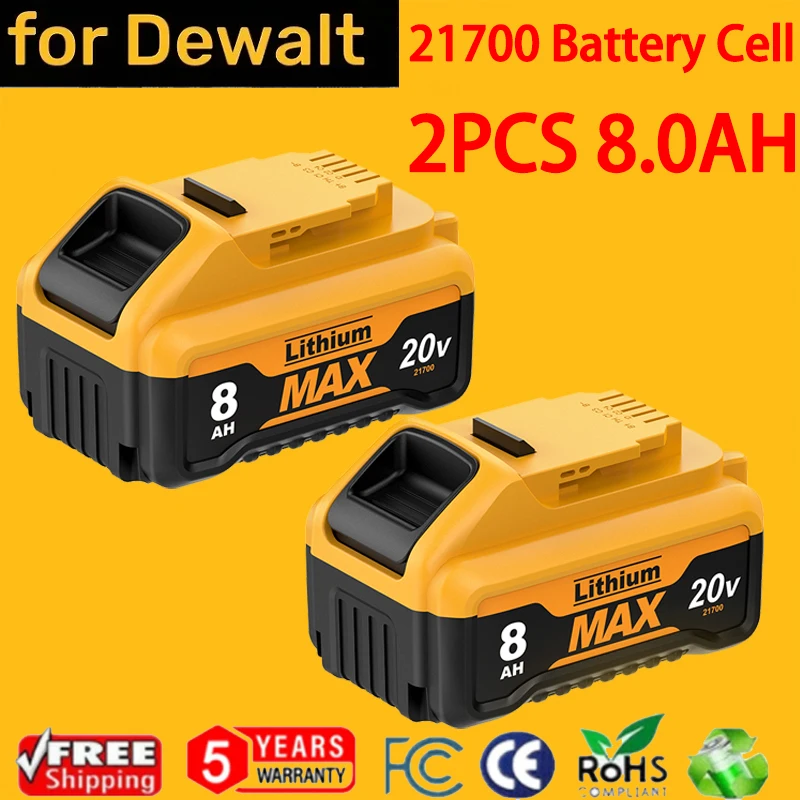 18V/20V MAX 8000mAh 21700 Cell Battery Replacement For Dewalt 18V DCB184 DCB182 DCB180 DCB181 DCB201 DCB206 For Dewalt DCB200