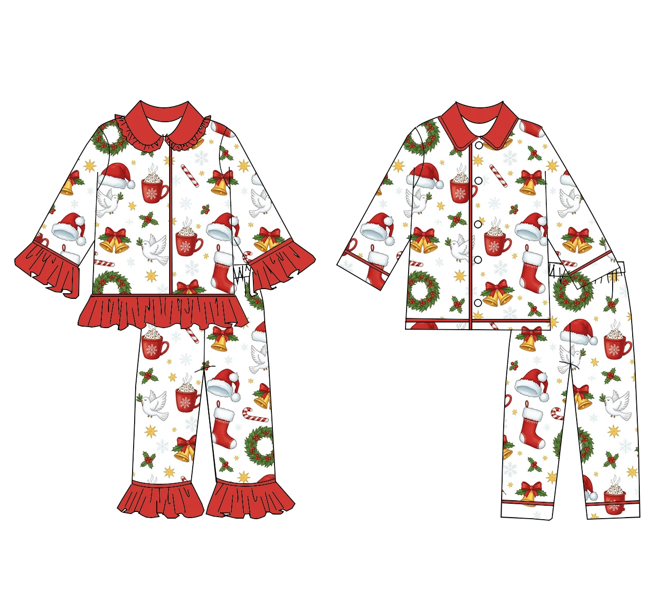 

Christmas new milk leaf animal print children's autumn long-sleeved trousers red cuff boutique pajamas set