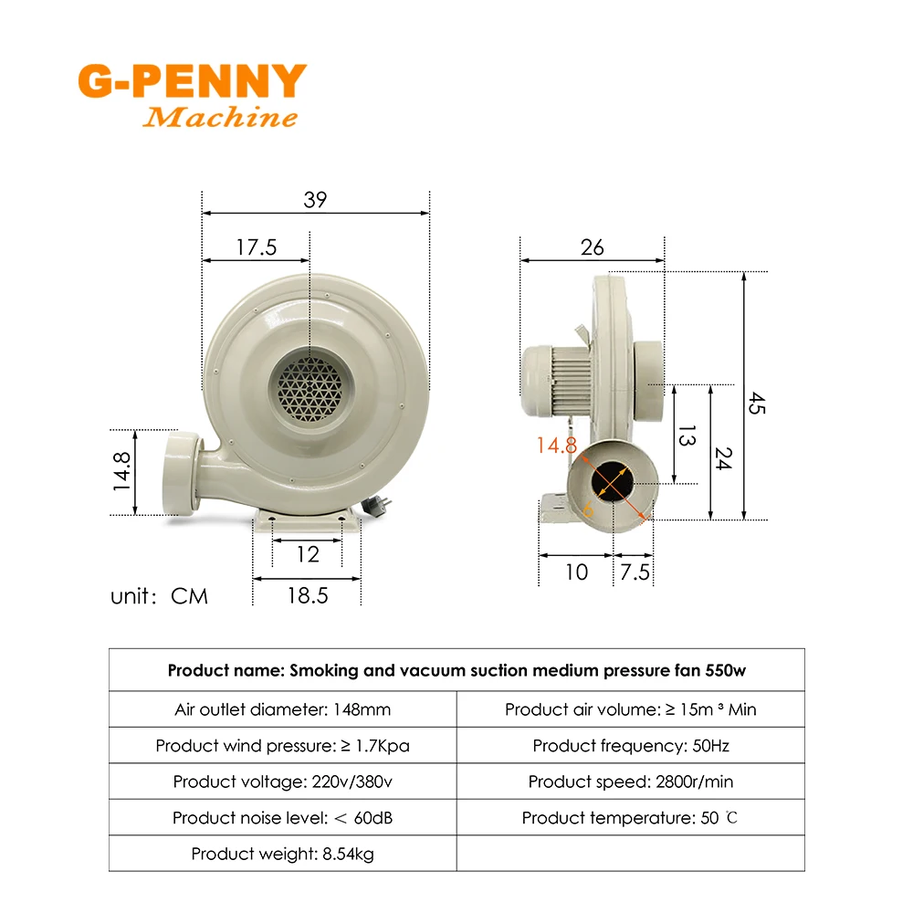 Novo! Ventilador Centrífugo de Média Pressão, Exaustor, Ventilador de Ar, Usado para Gravação a Laser CO2, 250W, 370W, 550W, 220V, 380V