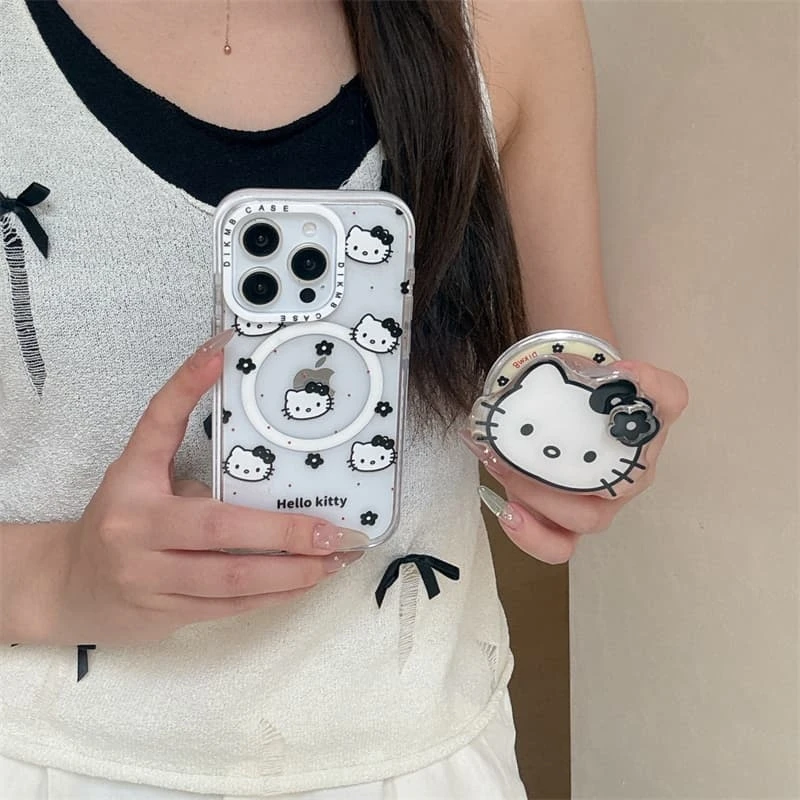 Cute Sanrio Hello Kitty Magnetic Grip Holder Magsafe Wireless Charge Phone Case For iPhone 17 16 15 14 13 Pro Max Hard Cover view 3