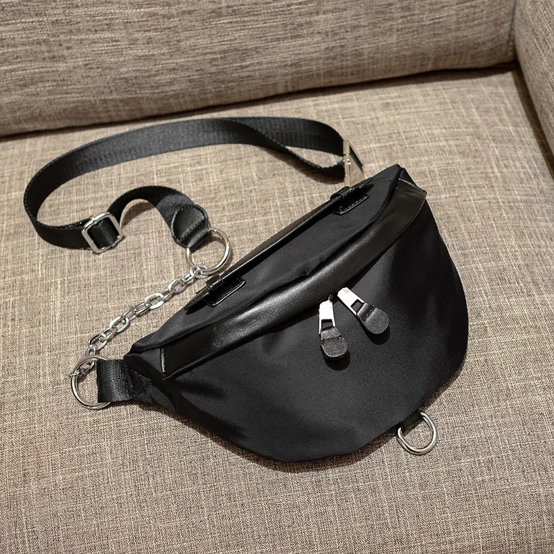 Damen Neue Modische Brust Tasche Schwarz Nylon Crossbody Sollte Handtasche für Frauen Weibliche Hobos Halbe Mond Geformt Kette Taille Tasche